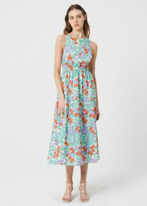 floral cotton dress, midi length, cross strap open back with pockets