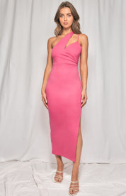 lolly pink assymetrical dress, mid calf length