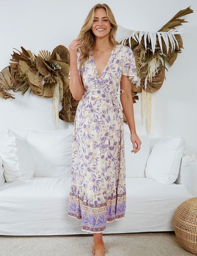 womens boho wrap dress, lavender floral design midi dress