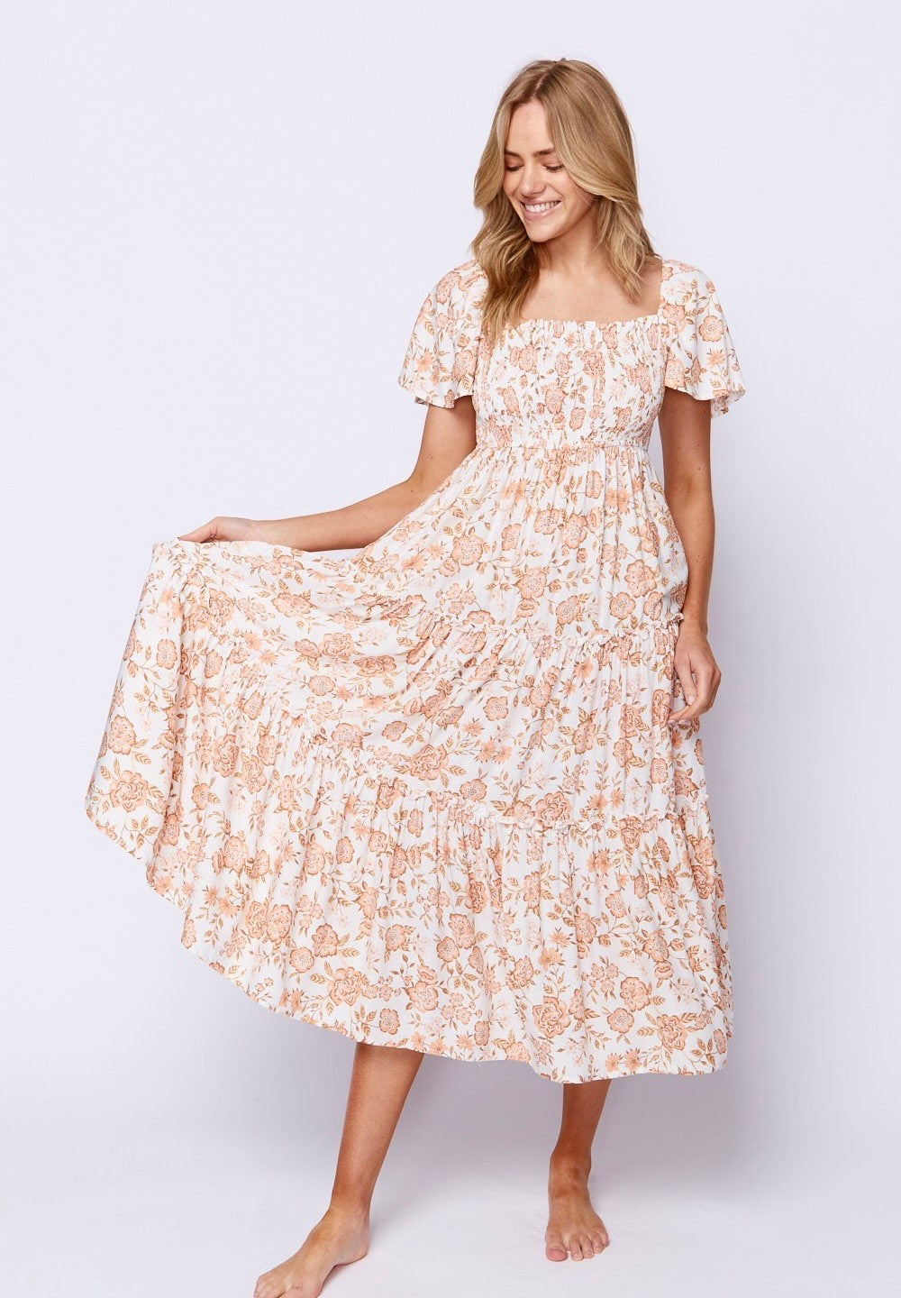 floral tiered maxi dress flutter sleeves, peach tones