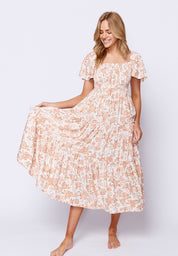 floral tiered maxi dress flutter sleeves, peach tones