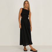black mid length dress with open back, bust strap
