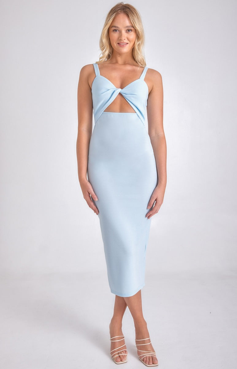 Baby blue mid length fitted dress with twist front chest